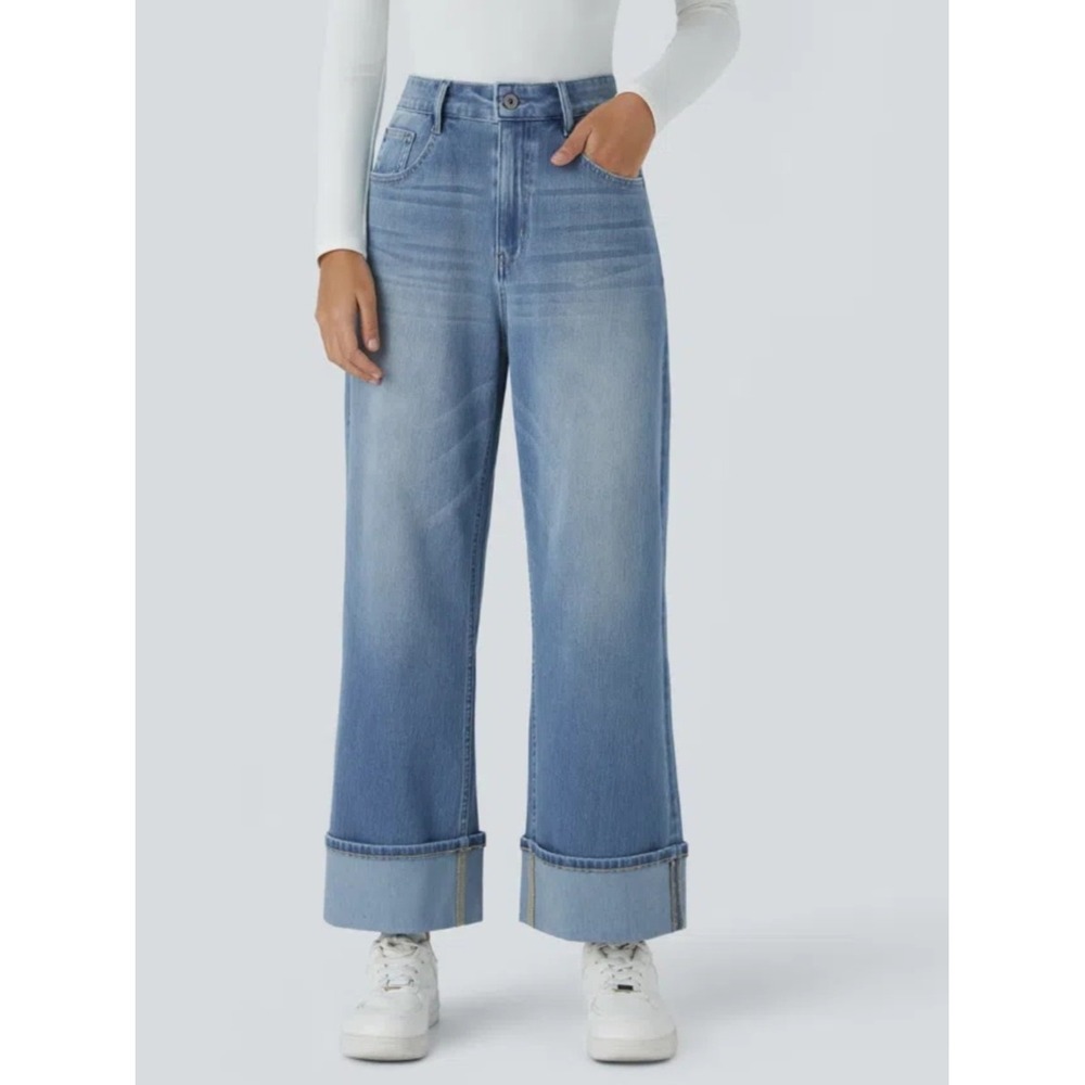 Halara Flex High Waisted Pockets Rolled Hem Wide Leg Casual Jeans  XS Petite